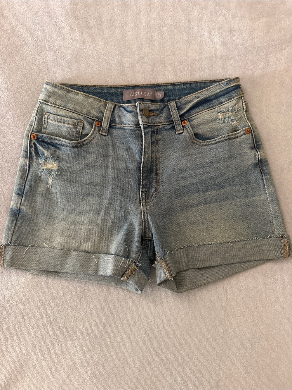 Just USA Faded Light Blue Distressed Denim Roll-Hem Shorts- Size 27